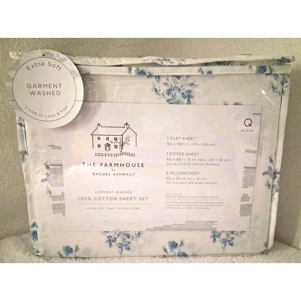 NIP The Farmhouse Rachel Ashwell Queen Cotton 4 Pc Sheet Set Blue Gray Floral